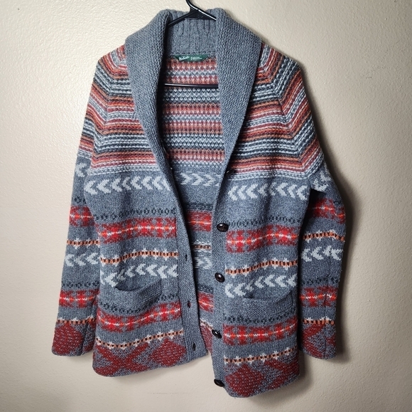 Woolrich Cumberland Charcoal Patterned 100% Lambswool Cardigan-Size M - Picture 3 of 10